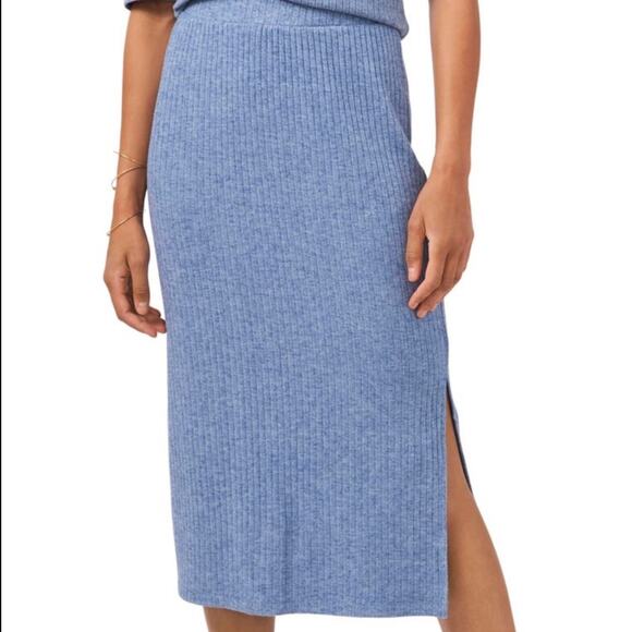 1. State Rib Knit Side Slit Midi Pencil Skirt - Blue Denim Heather Size M - Picture 1 of 5